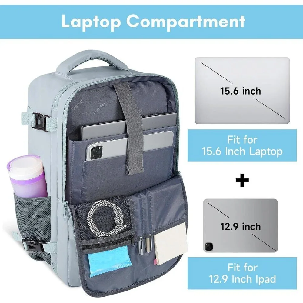 Travel Blue Backpack for Women Carry On Laptop Bag USB Port Shoe Pouch TSA
